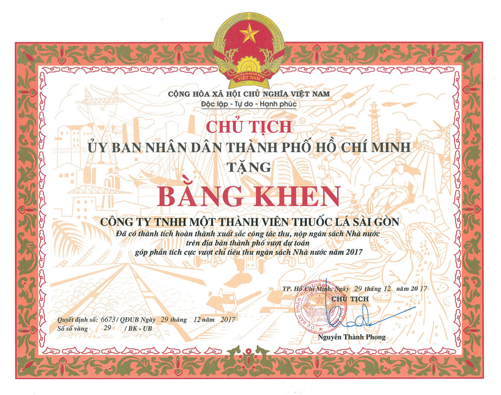 Bằng khen của Chủ tịch UBND TPHCM trao tặng Công ty Thuốc lá Sài Gòn