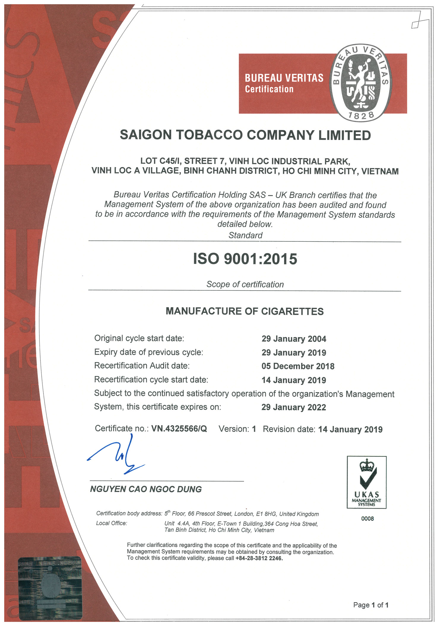 Chứng nhận ISO của Công ty Thuốc lá Sài Gòn